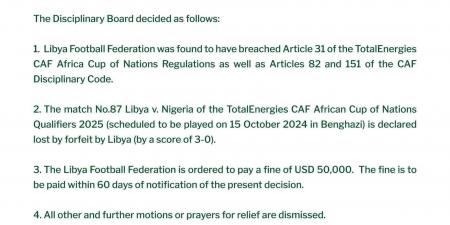 تصفيات أمم إفريقيا 2025.. الكاف يقرر فوز منتخب نيجيريا وتغريم الاتحاد الليبي 50 ألف دولار -  بلس 48