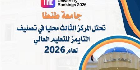 جامعة
      طنطا
      تحتل
      المركز
      الثالث
      محليا
      في
      تصنيف
      "التايمز
      للتعليم
      العالي"
      (Times
      Higher
      Education)
      لعام
      2026 - بلس 48