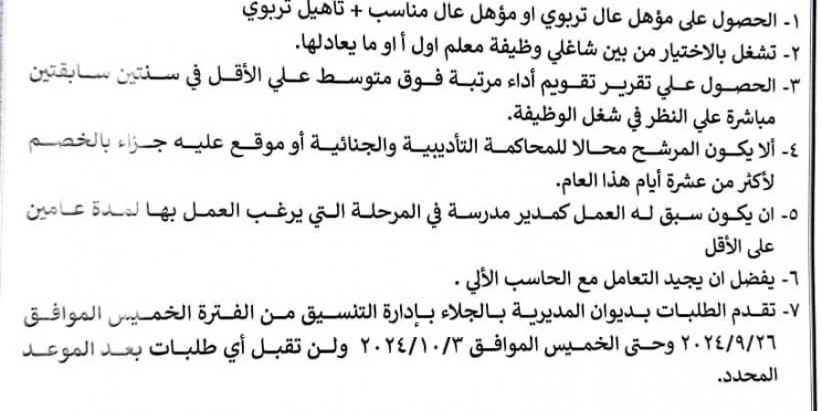 بالبلدي : شروط شغل وظائف رئيس قسم التعليم الثانوي والإعدادي والابتدائي بالدقهلية - بلس 48