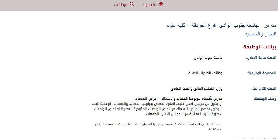 وظيفة جامعة .. جامعة جنوب الوادي فرع الغردقة تعلن عن وظائف أعضاء هيئة تدريس جديدة.. ننشر نص الإعلان - بلس 48