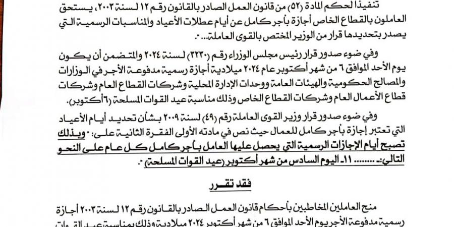 الأحد المُقبل.. إجازة بأجر كامل للقطاع الخاص بمناسبة ذكرى انتصارات أكتوبر - بلس 48