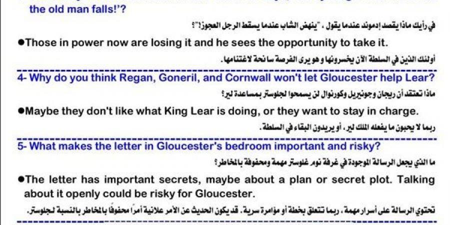 مراجعات نهائية.. 77 سؤالا وإجابتها.. ملخص مسرحية الملك لير الصف الثانى الثانوي لغة انجليزية - بلس 48
