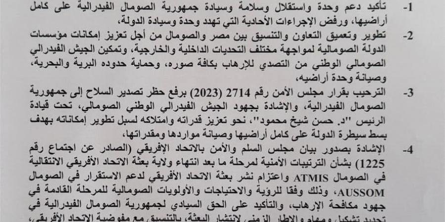 بيان مشترك بين مصر والصومال: تمكين الجيش الوطني للتصدي للإرهاب وحماية حدوده البرية والبحرية وصيانة وحدة أراضيه - بلس 48