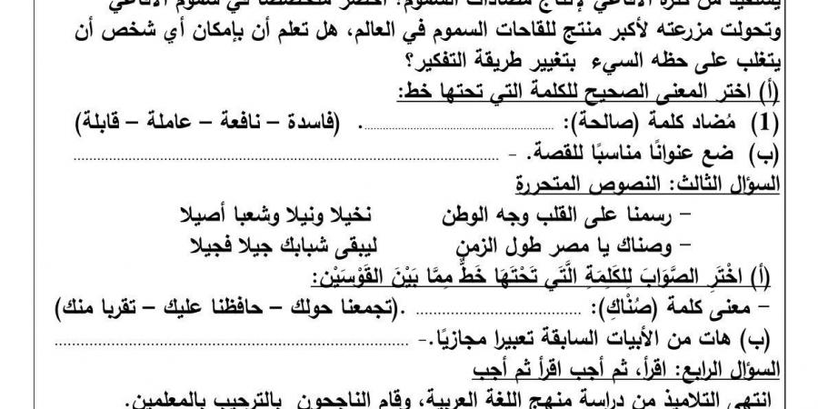 بالبلدي : اختبار شهر أكتوبر للصف السادس الابتدائي لغة عربية 2024 /2025 - بلس 48