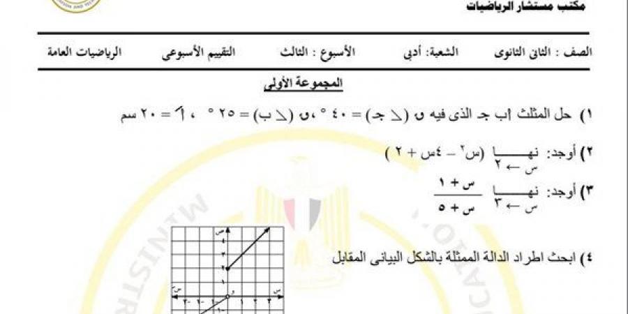 مراجعات نهائية.. أسئلة تقييم الأسبوع الثالث الرياضيات أدبي الصف الثاني الثانوي - بلس 48