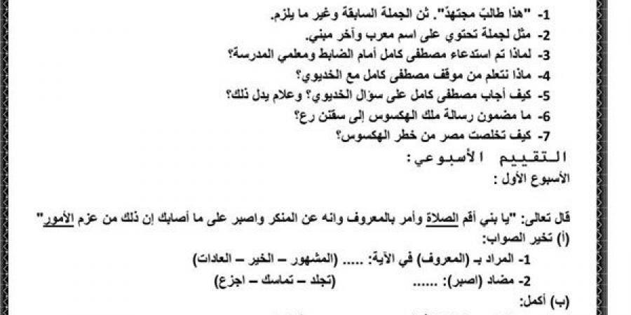 مراجعات نهائية.. أسئلة تقييم الأسبوع الثاني لغة عربية لـ الصف الثاني الإعدادي - بلس 48