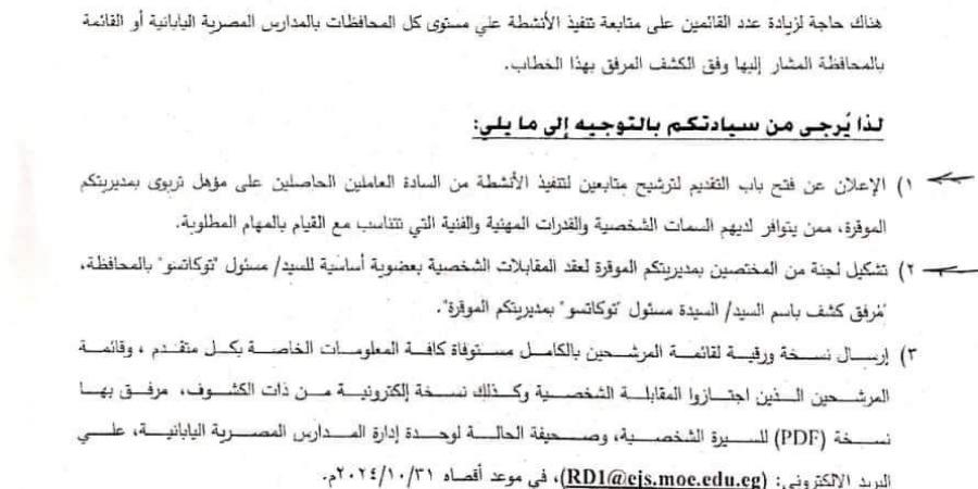 فتح باب ترشيح متابعين لتنفيذ الأنشطة بالمدارس المصرية اليابانية.. المواعيد والشروط - بلس 48