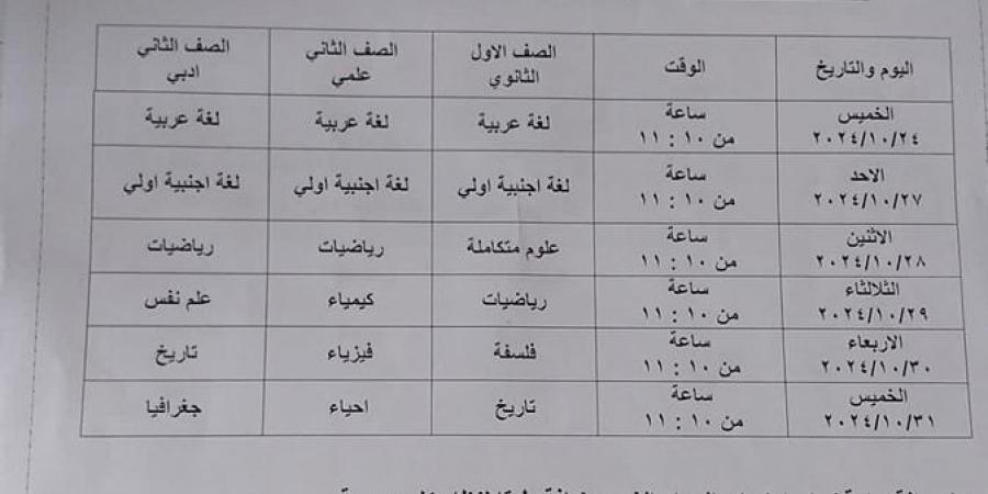 جدول امتحانات شهر أكتوبر 2024 للصفين الأول والثاني الثانوي بمحافظة المنيا - بلس 48