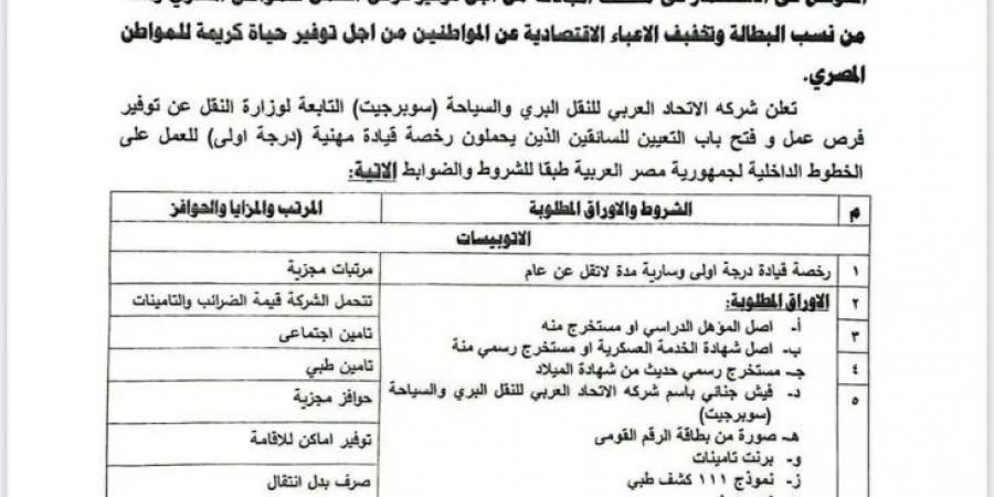 فرص عمل تعلنها النقل البرى بمرتبات مجزية اعرف الأوراق والشروط المطلوبة - ترند نيوز