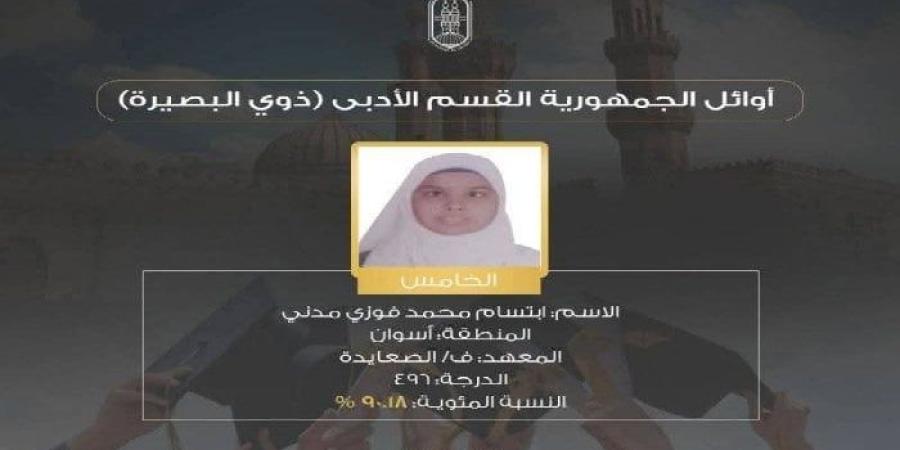 «ابتسام» الخامسة على الثانوية الأزهرية من ذوي البصيرة أدبي بأسوان: حلمي أكون عميدة الأدب العربي - بلس 48