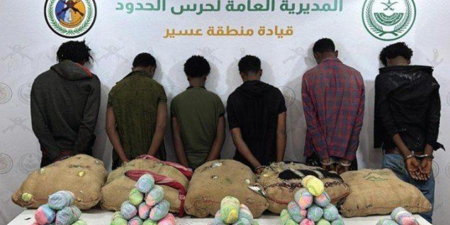 ضبط 6 أشخاص لمحاولتهم تهريب كمية من نبات القات المخدر بمنطقة عسير - بلس 48