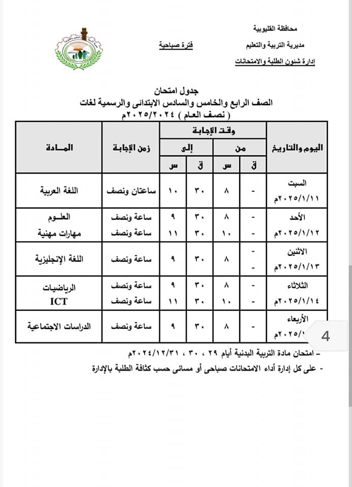 “باليوم والتاريخ” جدول امتحانات الشهادة الابتدائية 2025 ( كل المحافظات) وفقا لوزارة التربية والتعليم