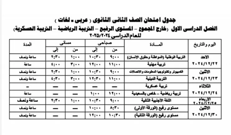 جدول امتحانات نصف العام 2025 الجيزة