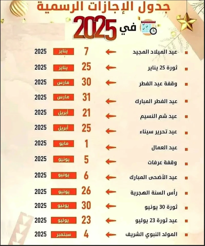 مجلس الوزراء يُعلن جدول العطل الرسمية في مصر 2025 لعاملي القطاع العام والخاص والبنوك.. اول إجازة امتى؟