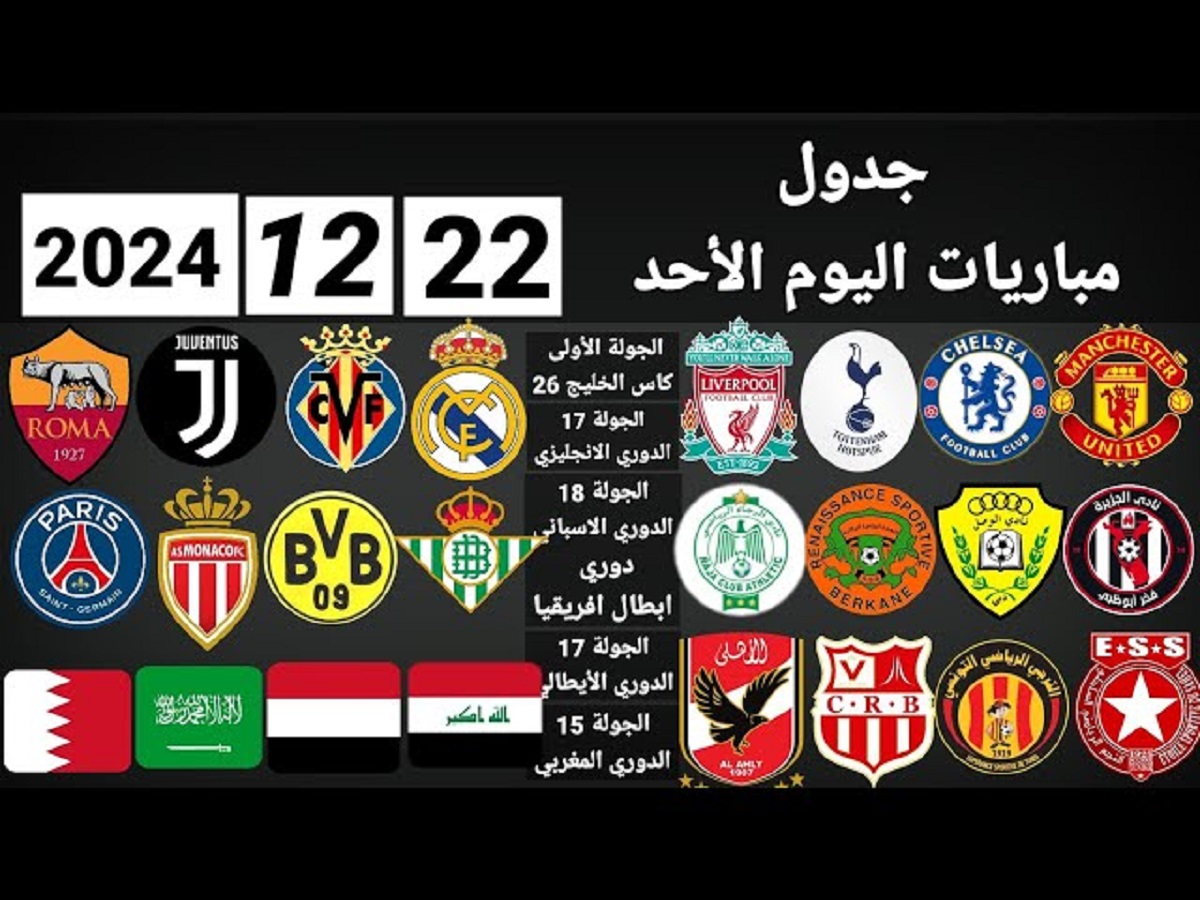 جدول مباريات اليوم الأحد 22-12-2024 في جميع البطولات حول العالم .. الأهلي في مواجهة صعبة أمام شباب بلوزداد