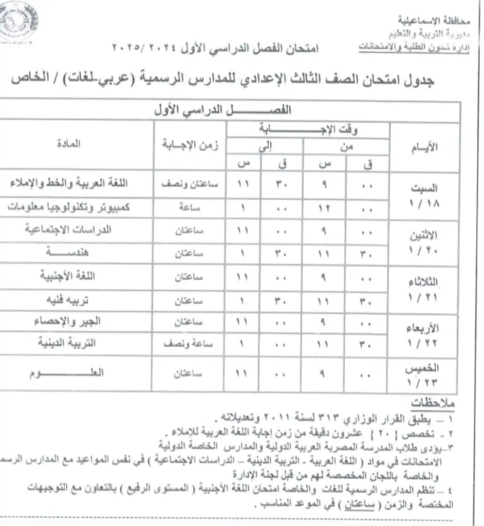 جدول امتحانات الصف الثالث الإعدادي 2025 الترم الأول