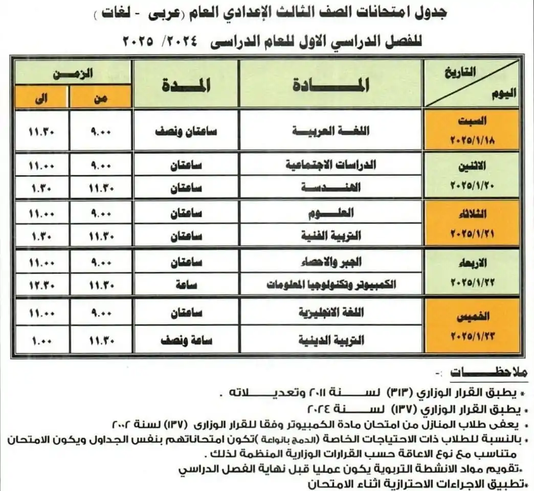 جدول امتحانات الصف الثالث الاعدادي