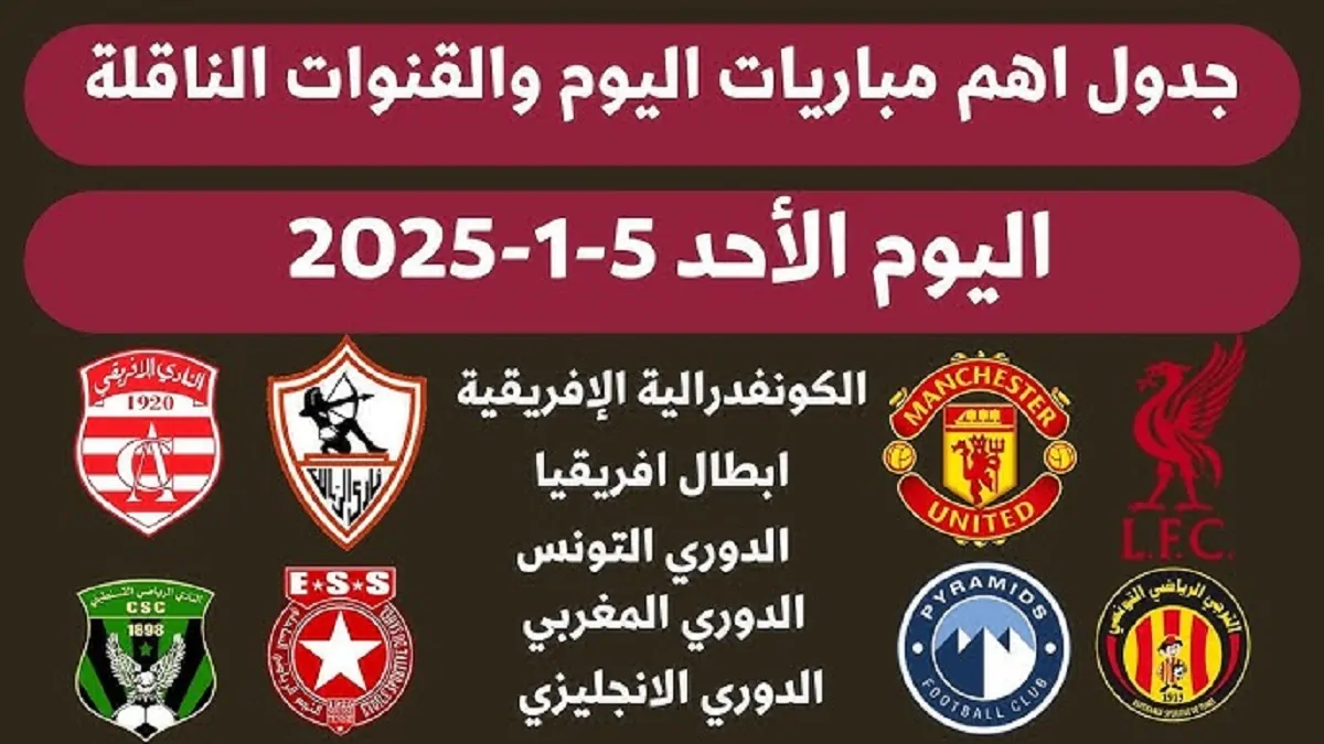 مواعيد مباريات اليوم الأحد الموافق 5 يناير 2025 في كافة البطولات حول العالم .. الزمالك في مواجهة نارية مع المصري