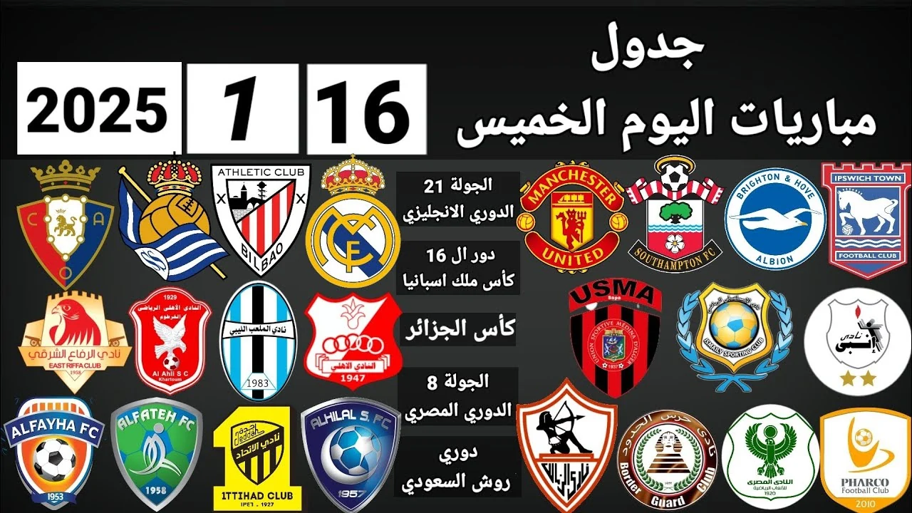 مواعيد مباريات اليوم الخميس 16-1-2025 في كافة البطولات المحلية والعالمية .. يتصدرها ريال مدريد وسيلتا فيجو