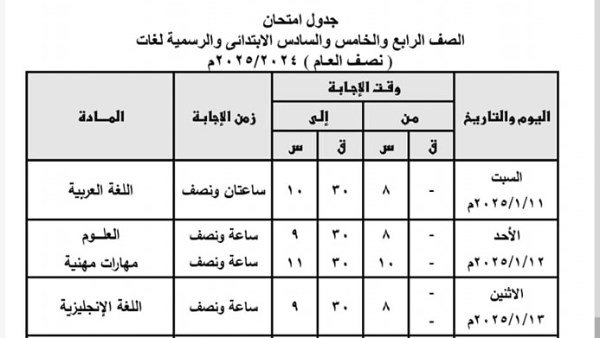 “باليوم والتاريخ ” جدول امتحانات نصف العام 2025 (جميع المراحل) المُعلن من وزارة التربية والتعليم