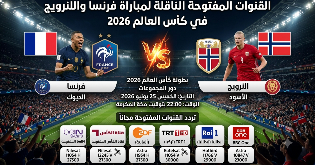 تعرف على القنوات المفتوحة الناقلة لمواجهة فرنسا والنرويج بمونديال 2026
قائمة القنوات المفتوحة الناقلة لمباراة فرنسا والنرويج في كأس العالم 2026
طريقة مشاهدة مباراة فرنسا والنرويج مجانًا عبر القنوات المفتوحة في مونديال 2026
دليلك لمتابعة مباراة فرنسا والنرويج عبر القنوات المفتوحة في كأس العالم 2026