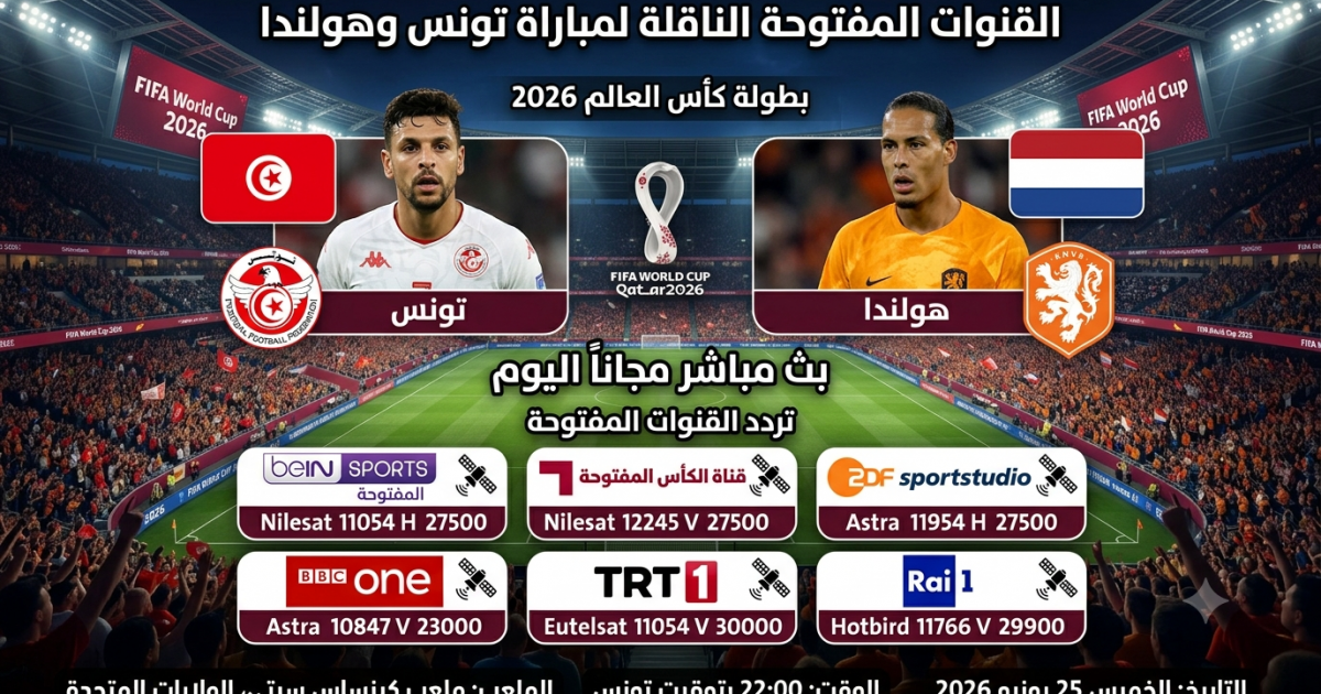 القنوات المفتوحة الناقلة لمباراة تونس وهولندا في كأس العالم 2026 مجانا