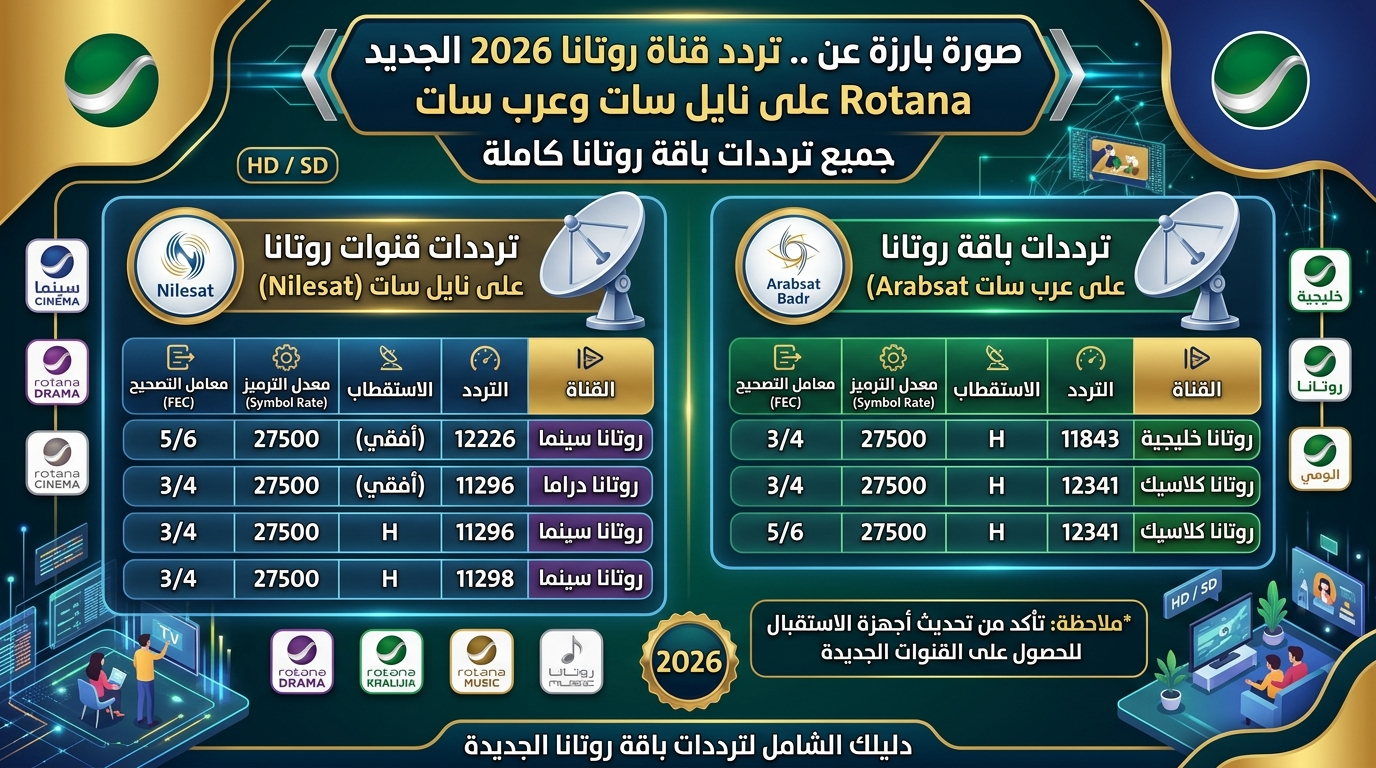 أحدث ترددات باقة قنوات روتانا 2026 على نايل سات وعرب سات